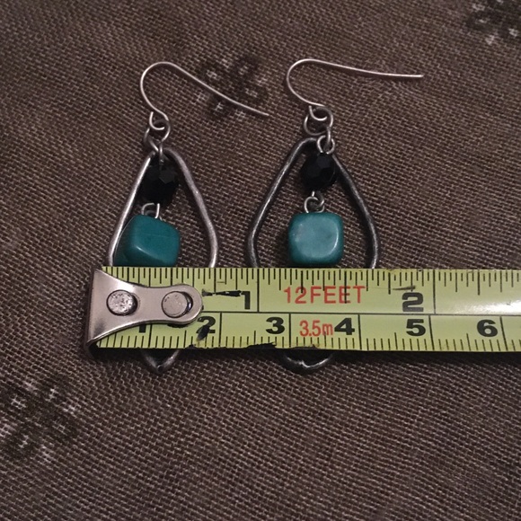 Vintage Turquoise Blue Dangle Bead and Distressed Silver Hook Earrings - Picture 3 of 4